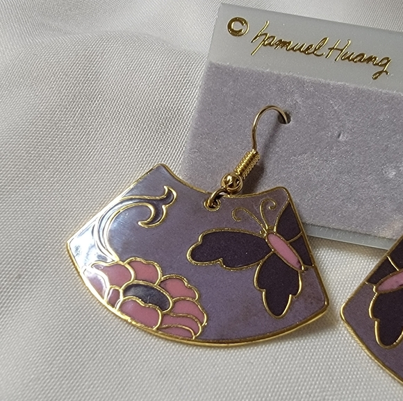 Vintage Samuel Huang Cloisonne Gold Filled Earrings Butterfly and flower - Picture 2 of 8